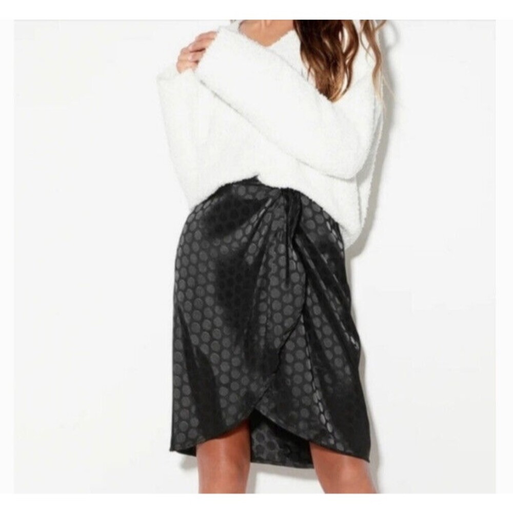 LUSH Black Polka Dot Satin Faux Wrap Midi Skirt Women’s Medium